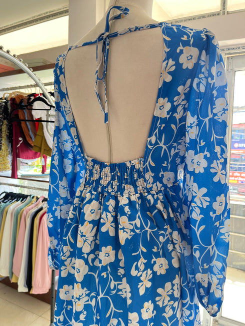 Women V-Neck Backless Long Latern Sleeves Flowy Short Dresses